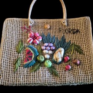 Beige Woven Shoulder Bag with Multicolor Floral Embroidery